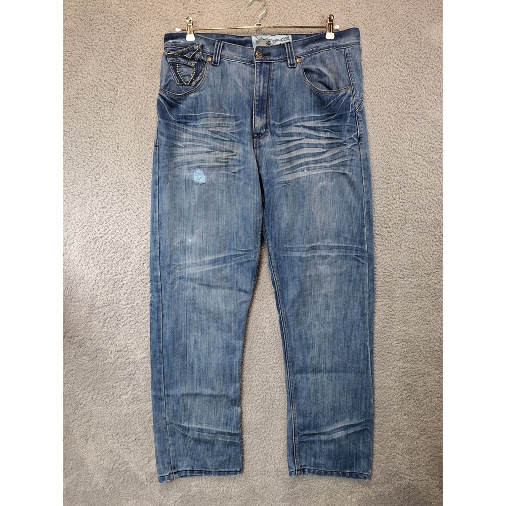 Evolution in Design Straight Leg Mens Jeans Size 38x34 (Fits 38x33)‎ Distressed